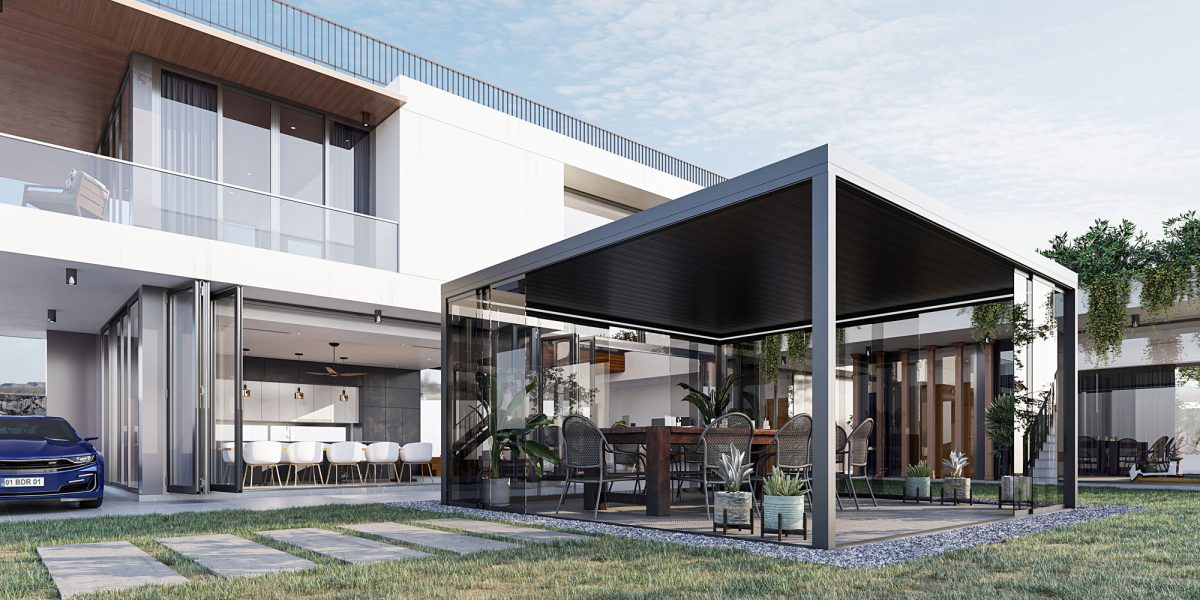 Pergola bioclimatica di design nel giardino di una casa moderna di lusso.